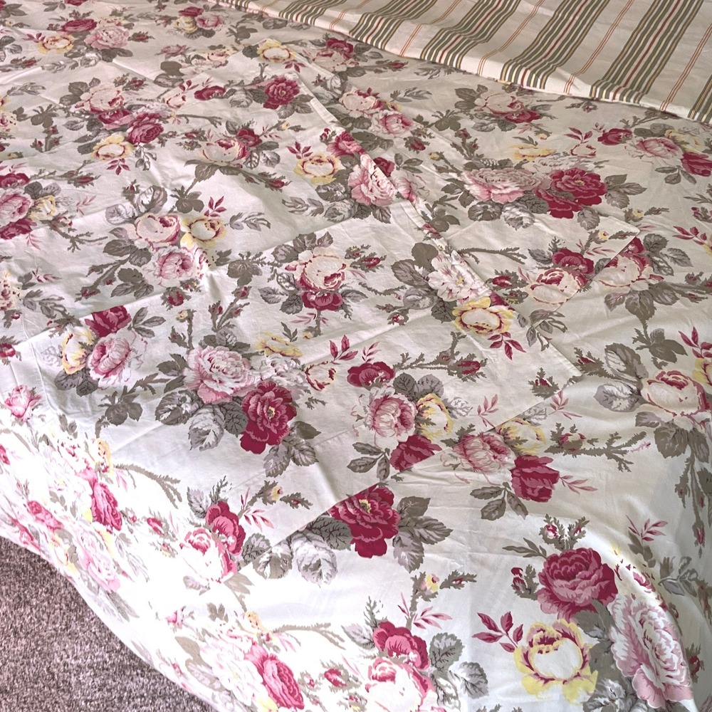 Pottery Barn Duvet Cover 2 Standard Shams Full Size Cream Cabbage Roses Stripes